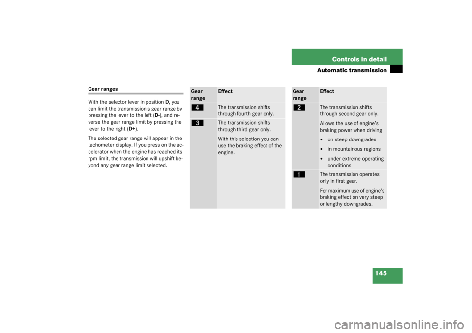MERCEDES-BENZ CL55AMG 2003 C215 Owners Manual 145 Controls in detail
Automatic transmission
Gear ranges
With the selector lever in positionD, you 
can limit the transmission’s gear range by 
pressing the lever to the left (D-), and re-
verse th