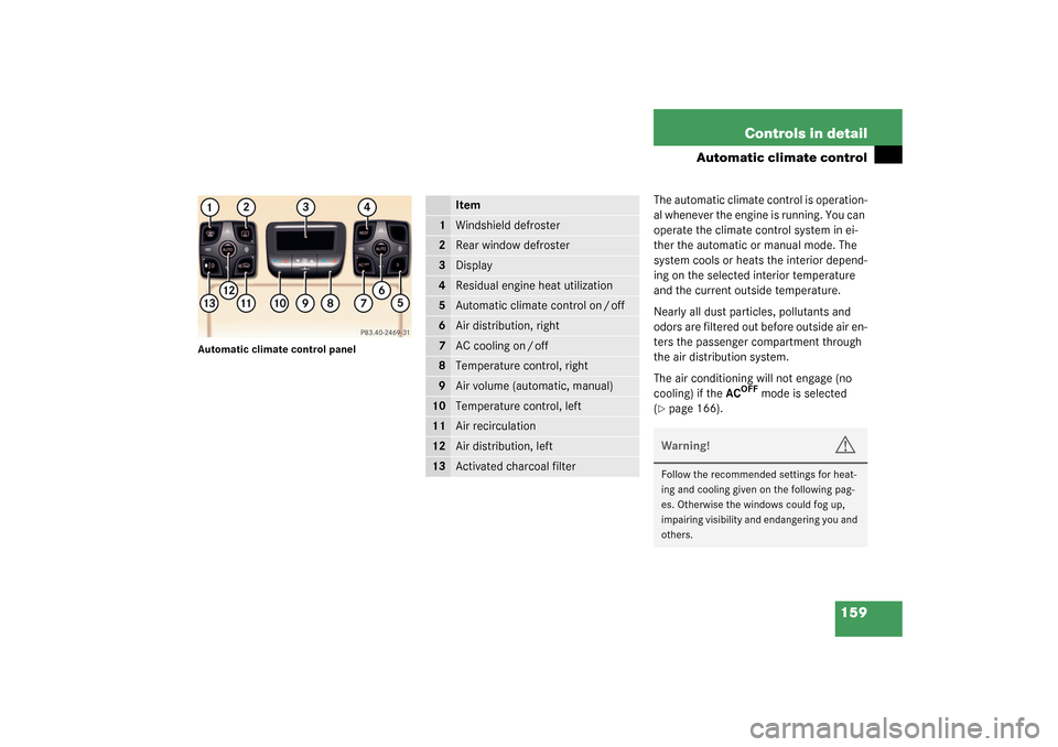 MERCEDES-BENZ CL55AMG 2003 C215 Owners Manual 159 Controls in detail
Automatic climate control
Automatic climate control panel
The automatic climate control is operation-
al whenever the engine is running. You can 
operate the climate control sys
