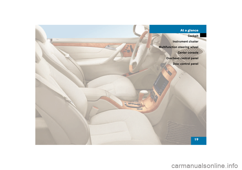 MERCEDES-BENZ CL500 2003 C215 User Guide 19 At a glance
Cockpit
Instrument cluster
Multifunction steering wheel
Center console
Overhead control panel
Door control panel 