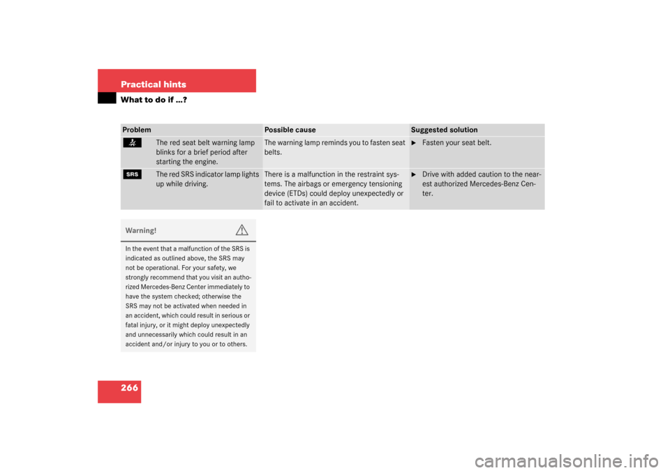 MERCEDES-BENZ CL500 2003 C215 Owners Manual 266 Practical hintsWhat to do if …?<
The red seat belt warning lamp 
blinks for a brief period after 
starting the engine.
The warning lamp reminds you to fasten seat 
belts.

Fasten your seat belt