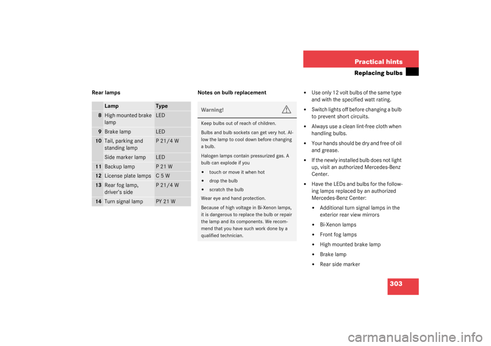 MERCEDES-BENZ CL600 2003 C215 Owners Manual 303 Practical hints
Replacing bulbs
Rear lamps Notes on bulb replacement

Use only 12 volt bulbs of the same type 
and with the specified watt rating. 

Switch lights off before changing a bulb 
to 