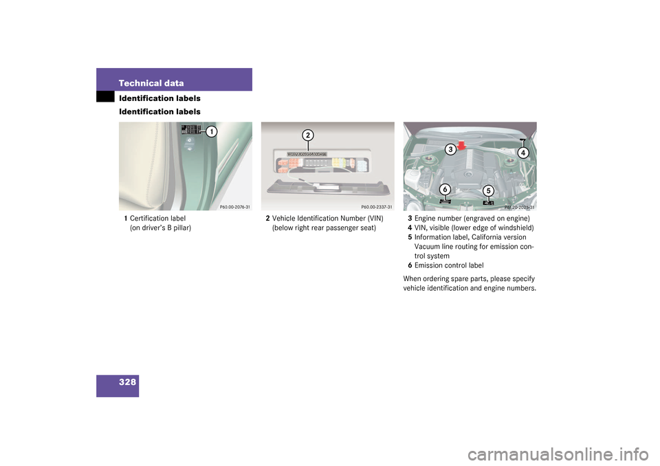 MERCEDES-BENZ CL500 2003 C215 Owners Manual 328 Technical dataIdentification labels
Identification labels1Certification label 
(on driver’s B pillar)2Vehicle Identification Number (VIN) 
(below right rear passenger seat)3Engine number (engrav