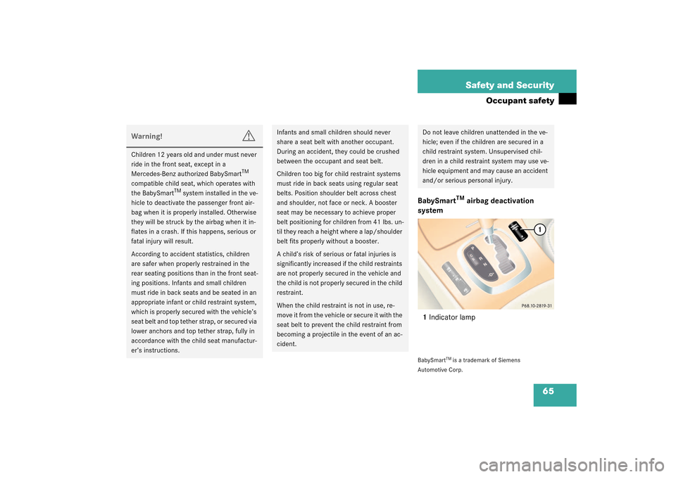 MERCEDES-BENZ CL600 2003 C215 Owners Manual 65 Safety and Security
Occupant safety
BabySmart
TM
 airbag deactivation 
system
1Indicator lamp
BabySmart
TM is a trademark of Siemens 
Automotive Corp.
Warning!
G
Children 12 years old and under mus