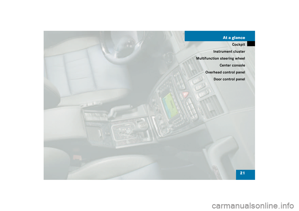 MERCEDES-BENZ G500 2003 W463 Owners Manual 21 At a glance
Cockpit
Instrument cluster
Multifunction steering wheel
Center console
Overhead control panel
Door control panel 