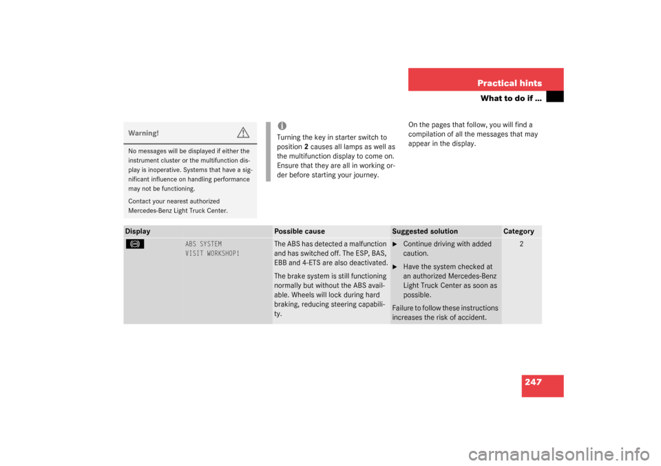 MERCEDES-BENZ G500 2003 W463 Owners Guide 247 Practical hints
What to do if …
On the pages that follow, you will find a 
compilation of all the messages that may 
appear in the display.
Warning!
G
No messages will be displayed if either the