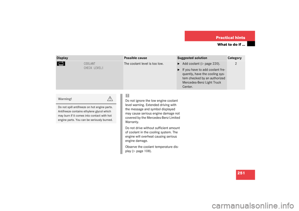MERCEDES-BENZ G500 2003 W463 Owners Manual 251 Practical hints
What to do if …
Display
Possible cause
Suggested solution
Category
B 
COOLANT
CHECK LEVEL!
The coolant level is too low.

Add coolant (
page 220).

If you have to add coolant 