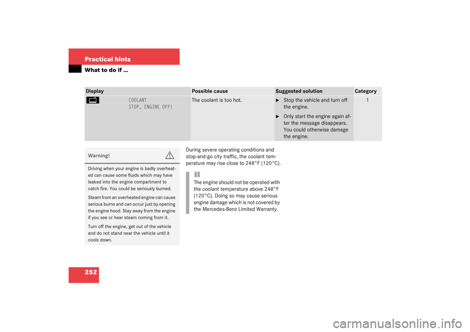 MERCEDES-BENZ G500 2003 W463 Owners Manual 252 Practical hintsWhat to do if …
During severe operating conditions and 
stop-and-go city traffic, the coolant tem-
perature may rise close to 248°F (120°C).
Display
Possible cause
Suggested sol