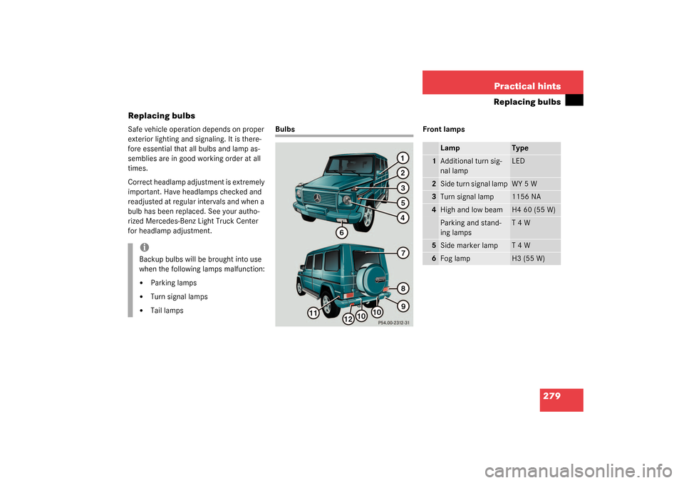 MERCEDES-BENZ G500 2003 W463 Owners Manual 279 Practical hints
Replacing bulbs
Replacing bulbs
Safe vehicle operation depends on proper 
exterior lighting and signaling. It is there-
fore essential that all bulbs and lamp as-
semblies are in g