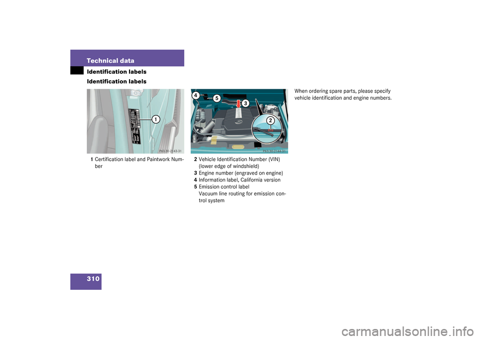 MERCEDES-BENZ G55AMG 2003 W463 Owners Manual 310 Technical dataIdentification labels
Identification labels1Certification label and Paintwork Num-
ber2Vehicle Identification Number (VIN) 
(lower edge of windshield)
3Engine number (engraved on eng