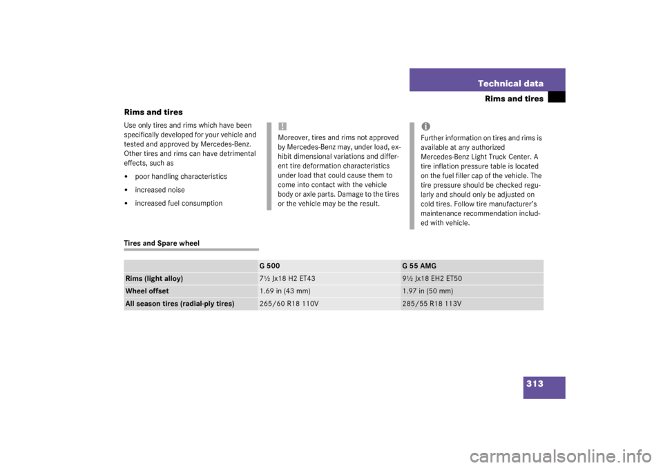 MERCEDES-BENZ G500 2003 W463 Owners Manual 313 Technical data
Rims and tires
Rims and tires
Use only tires and rims which have been 
specifically developed for your vehicle and 
tested and approved by Mercedes-Benz. 
Other tires and rims can h