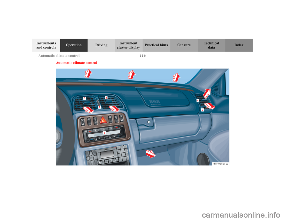 MERCEDES-BENZ CLK320 CABRIOLET 2003 C208 Owners Manual 116 Automatic climate control
Te ch n i c a l
data Instruments 
and controlsOperationDrivingInstrument 
cluster displayPractical hints Car care Index
Automatic climate control
P83.40-2157-29
1
3
36
2
