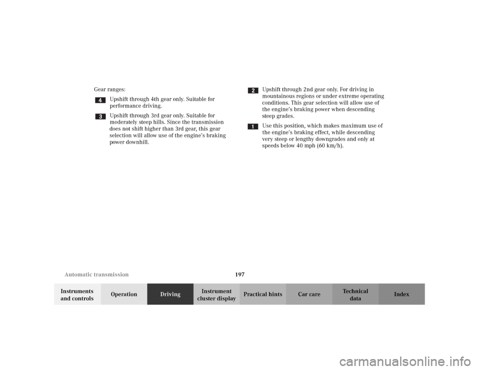 MERCEDES-BENZ CLK430 CABRIOLET 2003 C208 Service Manual 197 Automatic transmission
Te ch n i c a l
data Instruments 
and controlsOperationDrivingInstrument 
cluster displayPractical hints Car care Index Gear ranges:
Upshift through 4th gear only. Suitable 