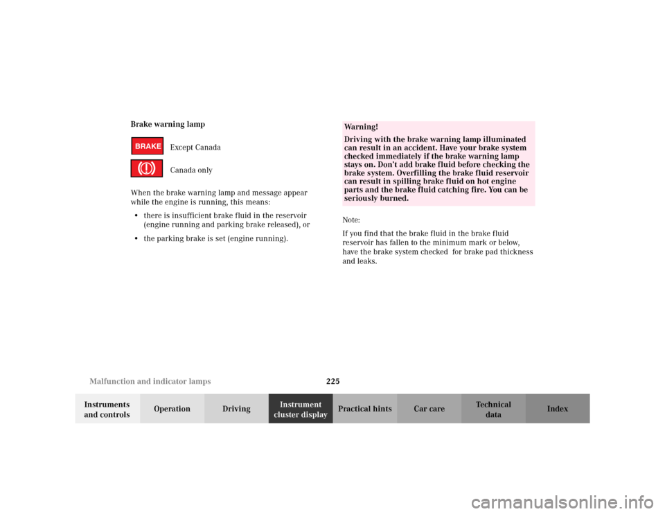 MERCEDES-BENZ CLK320 CABRIOLET 2003 C208 Owners Guide 225 Malfunction and indicator lamps
Te ch n i c a l
data Instruments 
and controlsOperation DrivingInstrument 
cluster displayPractical hints Car care Index Brake warning lamp
Except Canada
Canada onl
