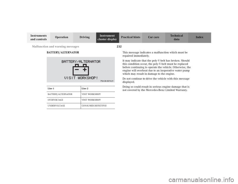MERCEDES-BENZ CLK320 CABRIOLET 2003 C208 Owners Manual 232 Malfunction and warning messages
Te ch n i c a l
data Instruments
and controlsOperation DrivingInstrument
cluster displayPractical hints Car care Index
BATTERY/ALTERNATORThis message indicates a MERCEDES-BENZ CLK320 CABRIOLET 2003 C208 Owners Manual 232 Malfunction and warning messages
Te ch n i c a l
data Instruments
and controlsOperation DrivingInstrument
cluster displayPractical hints Car care Index
BATTERY/ALTERNATORThis message indicates a