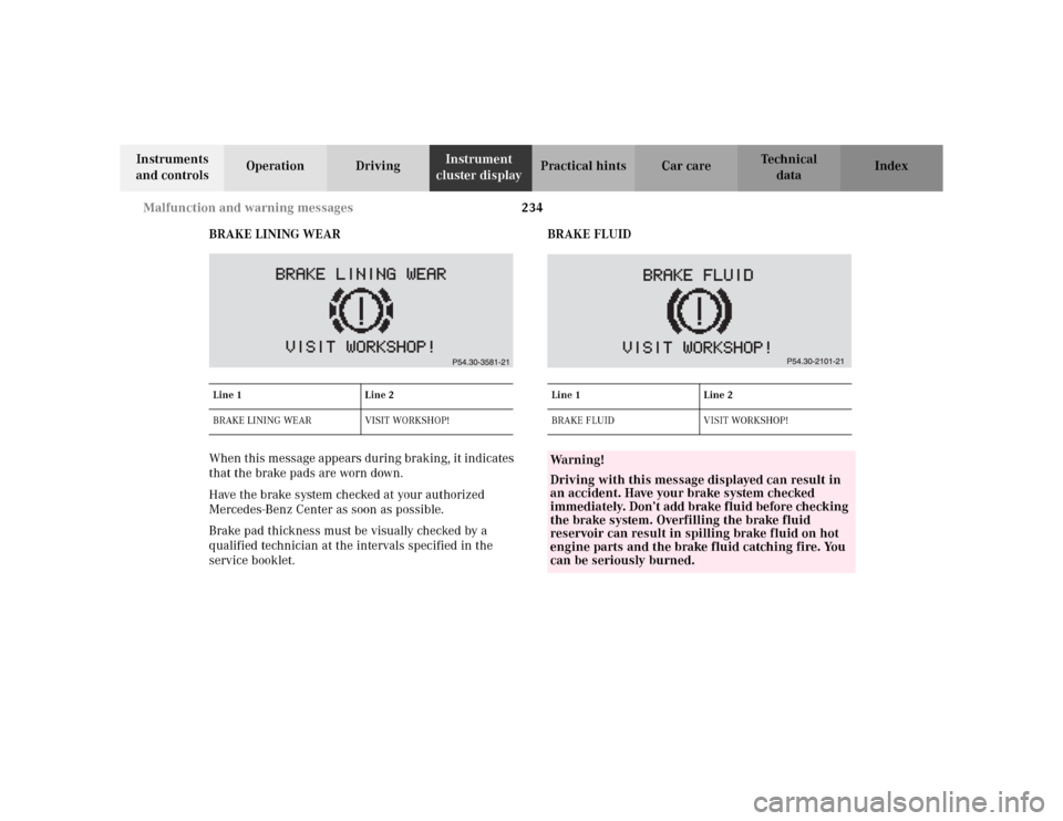 MERCEDES-BENZ CLK320 CABRIOLET 2003 C208 Owners Manual 234 Malfunction and warning messages
Te ch n i c a l
data Instruments
and controlsOperation DrivingInstrument
cluster displayPractical hints Car care Index
BRAKE LINING WEAR
When this message appear MERCEDES-BENZ CLK320 CABRIOLET 2003 C208 Owners Manual 234 Malfunction and warning messages
Te ch n i c a l
data Instruments
and controlsOperation DrivingInstrument
cluster displayPractical hints Car care Index
BRAKE LINING WEAR
When this message appear