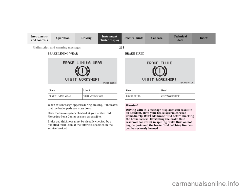 MERCEDES-BENZ CLK320 CABRIOLET 2003 C208 Service Manual 234 Malfunction and warning messages
Te ch n i c a l
data Instruments 
and controlsOperation DrivingInstrument 
cluster displayPractical hints Car care Index
BRAKE LINING WEAR
When this message appear
