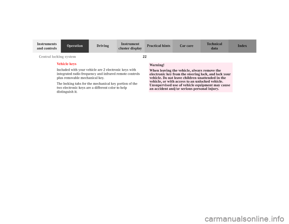 MERCEDES-BENZ CLK430 CABRIOLET 2003 C208 Owners Guide 22 Central locking system
Te ch n i c a l
data Instruments 
and controlsOperationDrivingInstrument 
cluster displayPractical hints Car care Index
Ve h i c l e  k e y s
Included with your vehicle are 2