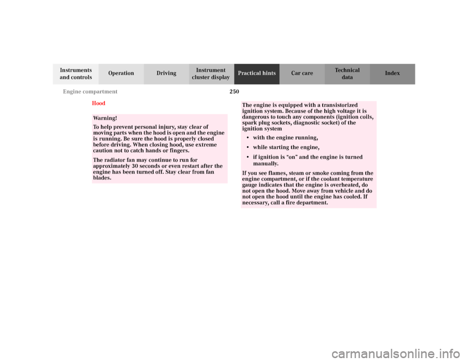MERCEDES-BENZ CLK320 CABRIOLET 2003 C208 User Guide 250 Engine compartment
Te ch n i c a l
data Instruments 
and controlsOperation DrivingInstrument 
cluster displayPractical hintsCar care Index
Hood
Wa r n i n g !
To help prevent personal injury, stay