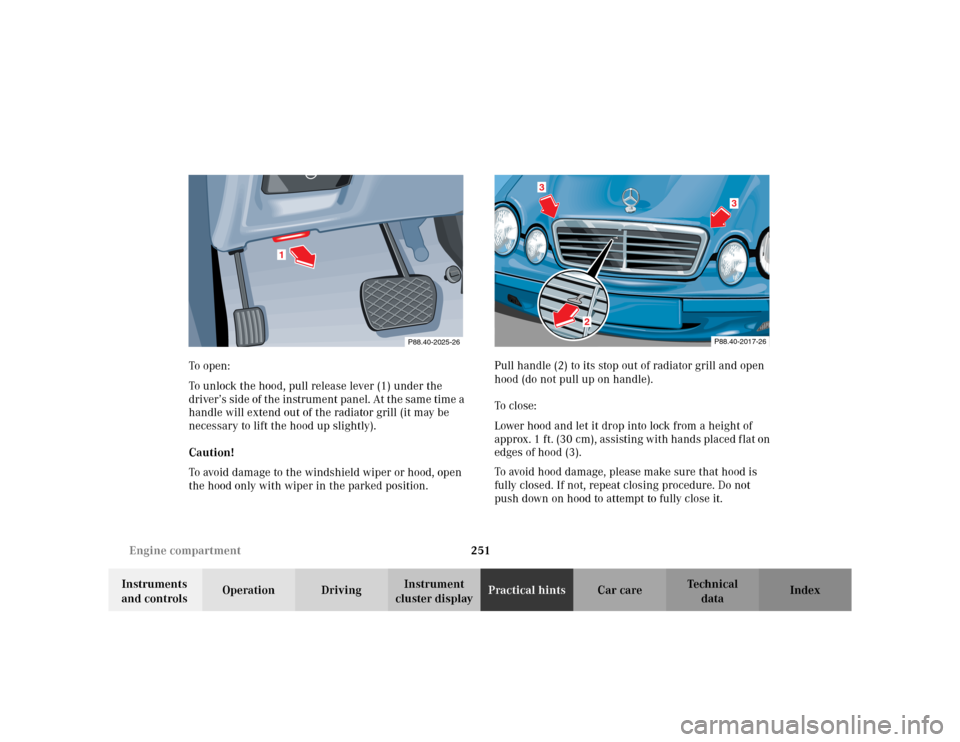 MERCEDES-BENZ CLK320 CABRIOLET 2003 C208 Owners Manual 251 Engine compartment
Te ch n i c a l
data Instruments 
and controlsOperation DrivingInstrument 
cluster displayPractical hintsCar care Index To o pen :
To unlock the hood, pull release lever (1) und