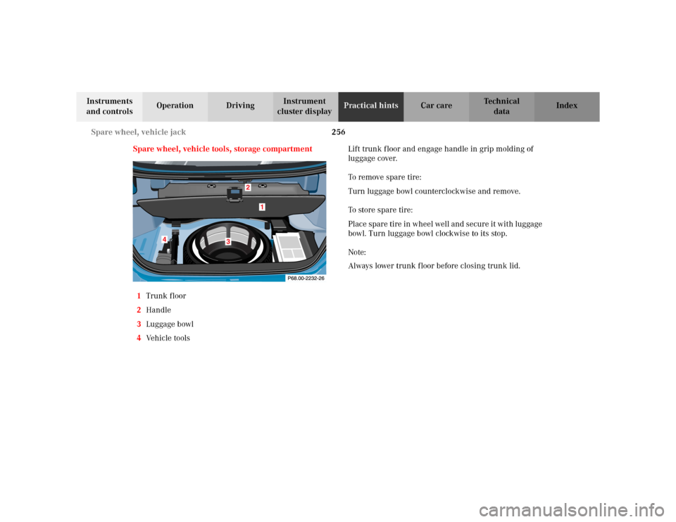 MERCEDES-BENZ CLK320 CABRIOLET 2003 C208 Owners Manual 256 Spare wheel, vehicle jack
Te ch n i c a l
data Instruments 
and controlsOperation DrivingInstrument 
cluster displayPractical hintsCar care Index
Spare wheel, vehicle tools, storage compartment
1T