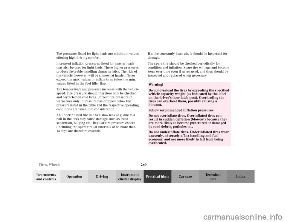 MERCEDES-BENZ CLK430 CABRIOLET 2003 C208 Owners Manual 269 Tires, Wheels
Te ch n i c a l
data Instruments 
and controlsOperation DrivingInstrument 
cluster displayPractical hintsCar care Index The pressures listed for light loads are minimum values 
offer