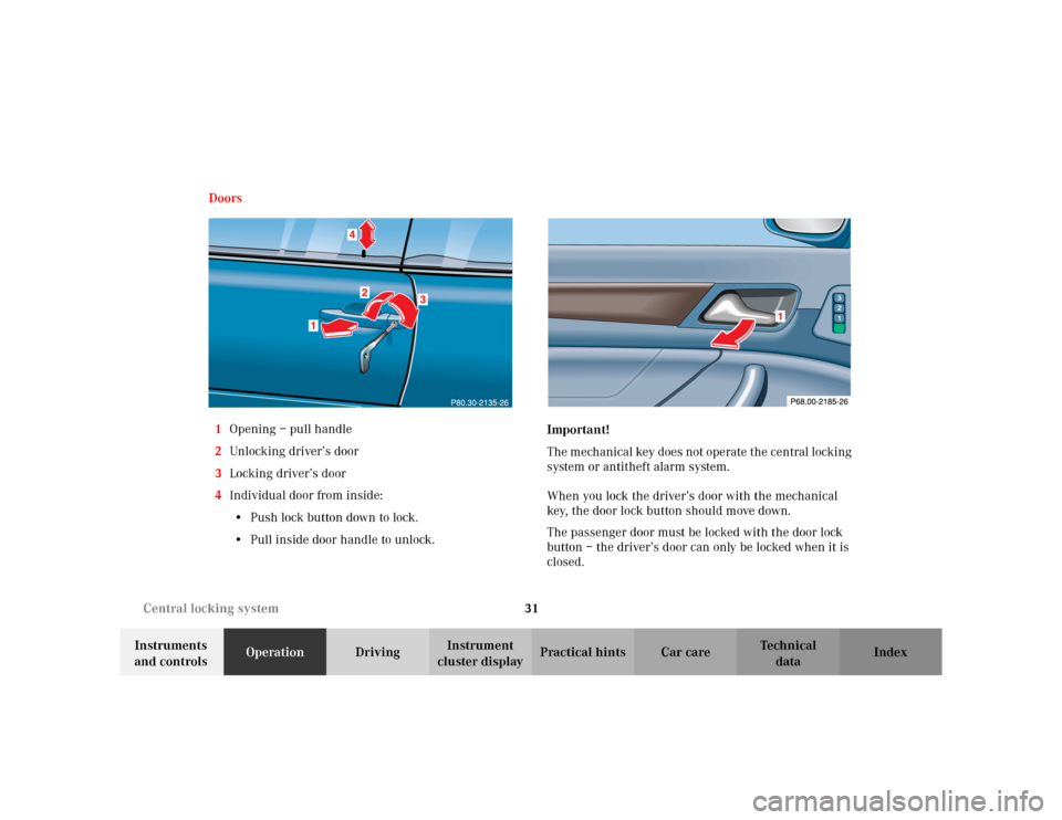 MERCEDES-BENZ CLK430 CABRIOLET 2003 C208 Owners Guide 31 Central locking system
Te ch n i c a l
data Instruments 
and controlsOperationDrivingInstrument 
cluster displayPractical hints Car care Index Doors
1Opening – pull handle
2Unlocking driver’s d