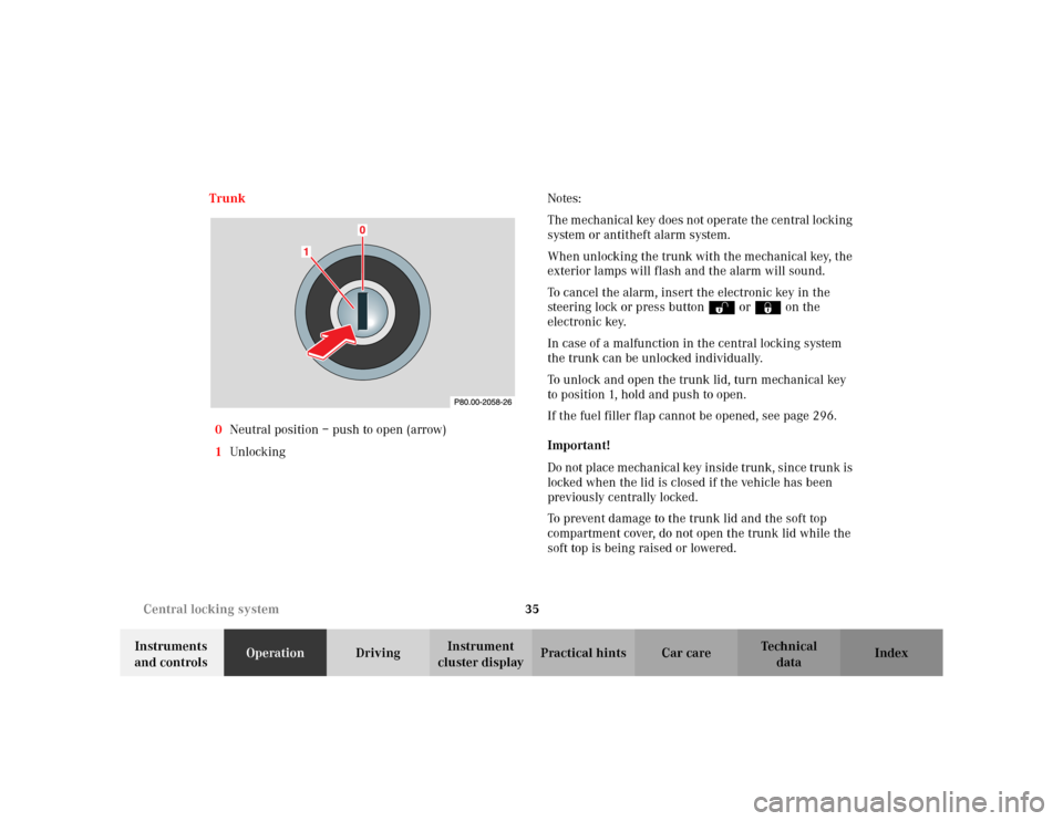 MERCEDES-BENZ CLK320 CABRIOLET 2003 C208 Owners Guide 35 Central locking system
Te ch n i c a l
data Instruments 
and controlsOperationDrivingInstrument 
cluster displayPractical hints Car care Index Trunk
0Neutral position – push to open (arrow)
1Unlo