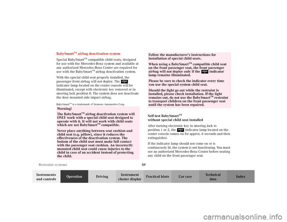MERCEDES-BENZ CLK430 CABRIOLET 2003 C208 Repair Manual 59 Restraint systems
Te ch n i c a l
data Instruments 
and controlsOperationDrivingInstrument 
cluster displayPractical hints Car care Index BabySmart
TM airbag deactivation system
Special BabySmart
T