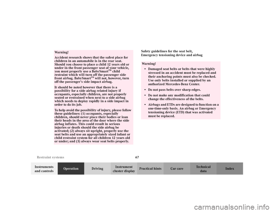 MERCEDES-BENZ CLK430 CABRIOLET 2003 C208 Repair Manual 67 Restraint systems
Te ch n i c a l
data Instruments 
and controlsOperationDrivingInstrument 
cluster displayPractical hints Car care IndexSafety guidelines for the seat belt, 
Emergency tensioning d