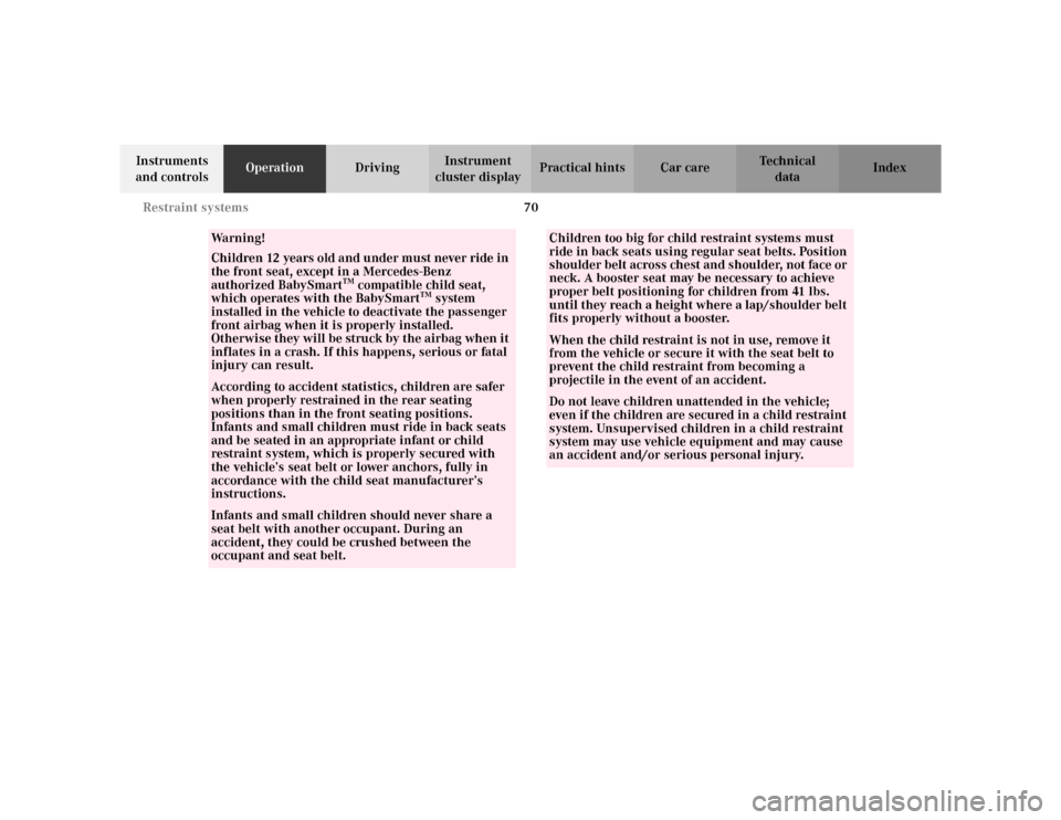 MERCEDES-BENZ CLK430 CABRIOLET 2003 C208 Owners Manual 70 Restraint systems
Te ch n i c a l
data Instruments 
and controlsOperationDrivingInstrument 
cluster displayPractical hints Car care Index
Wa r n i n g !
Children 12 years old and under must never r