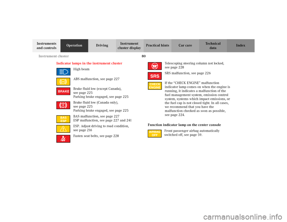MERCEDES-BENZ CLK430 CABRIOLET 2003 C208 Manual Online 80 Instrument cluster
Te ch n i c a l
data Instruments 
and controlsOperationDrivingInstrument 
cluster displayPractical hints Car care Index
Indicator lamps in the instrument cluster
High beam
ABS ma