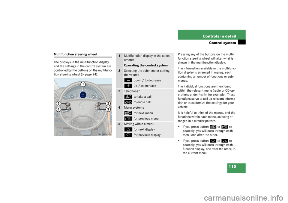 MERCEDES-BENZ CLK320 COUPE 2003 C209 Owners Manual 115 Controls in detail
Control system
Multifunction steering wheel
The displays in the multifunction display 
and the settings in the control system are 
controlled by the buttons on the multifunc-
ti