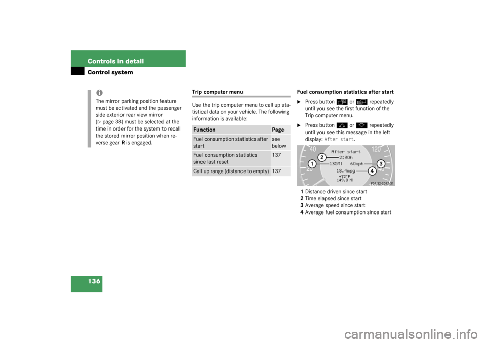 MERCEDES-BENZ CLK320 COUPE 2003 C209 Owners Manual 136 Controls in detailControl system
Trip computer menu
Use the trip computer menu to call up sta-
tistical data on your vehicle. The following 
information is available:Fuel consumption statistics af