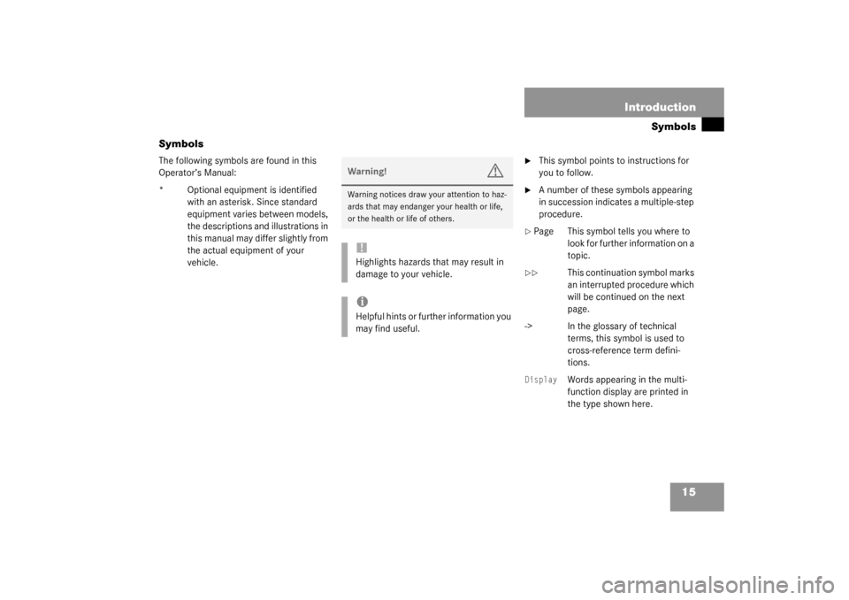MERCEDES-BENZ CLK55AMG COUPE 2003 C209 User Guide 15 Introduction
Symbols
Symbols
The following symbols are found in this 
Operator’s Manual:
* Optional equipment is identified 
with an asterisk. Since standard 
equipment varies between models, 
th