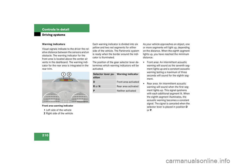 MERCEDES-BENZ CLK320 COUPE 2003 C209 Owners Manual 210 Controls in detailDriving systemsWarning indicators
Visual signals indicate to the driver the rel-
ative distance between the sensors and an 
obstacle. The warning indicator for the 
front area is