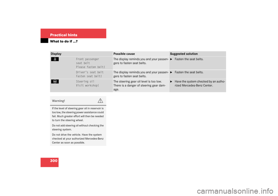 MERCEDES-BENZ CLK320 COUPE 2003 C209 User Guide 300 Practical hintsWhat to do if …?Display
Possible cause
Suggested solution
<
Front passenger
seat belt
Please fasten belt!
The display reminds you and your passen-
gers to fasten seat belts.

Fas
