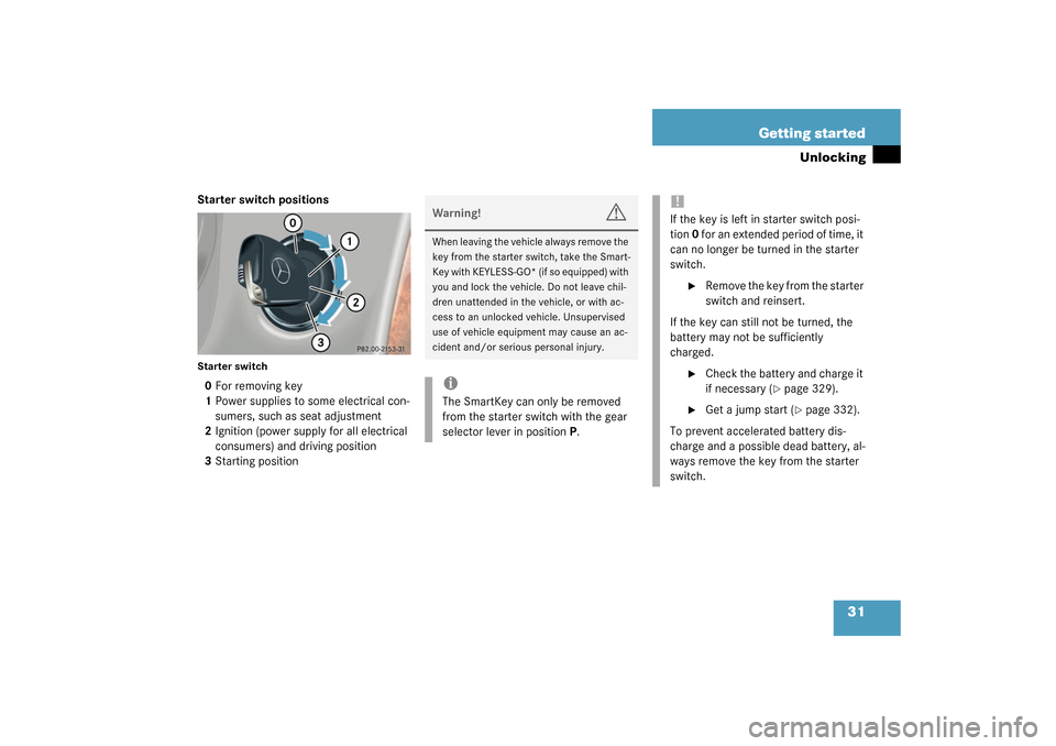 MERCEDES-BENZ CLK320 COUPE 2003 C209 Owners Manual 31 Getting started
Unlocking
Starter switch positionsStarter switch0For removing key
1Power supplies to some electrical con-
sumers, such as seat adjustment
2Ignition (power supply for all electrical 