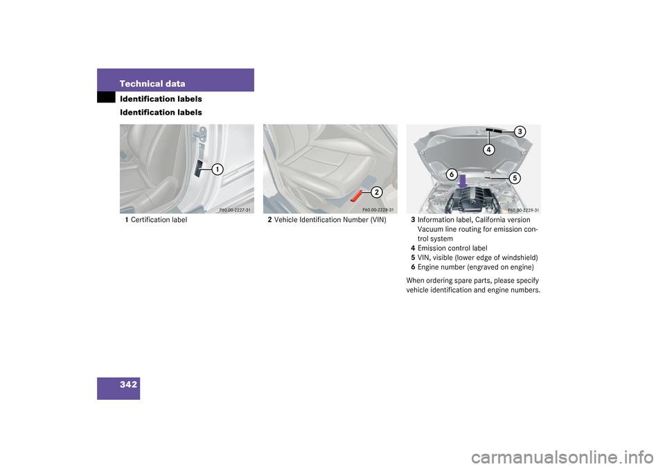 MERCEDES-BENZ CLK320 COUPE 2003 C209 Owners Manual 342 Technical dataIdentification labels
Identification labels1Certification label2Vehicle Identification Number (VIN)3Information label, California version 
Vacuum line routing for emission con-
trol 