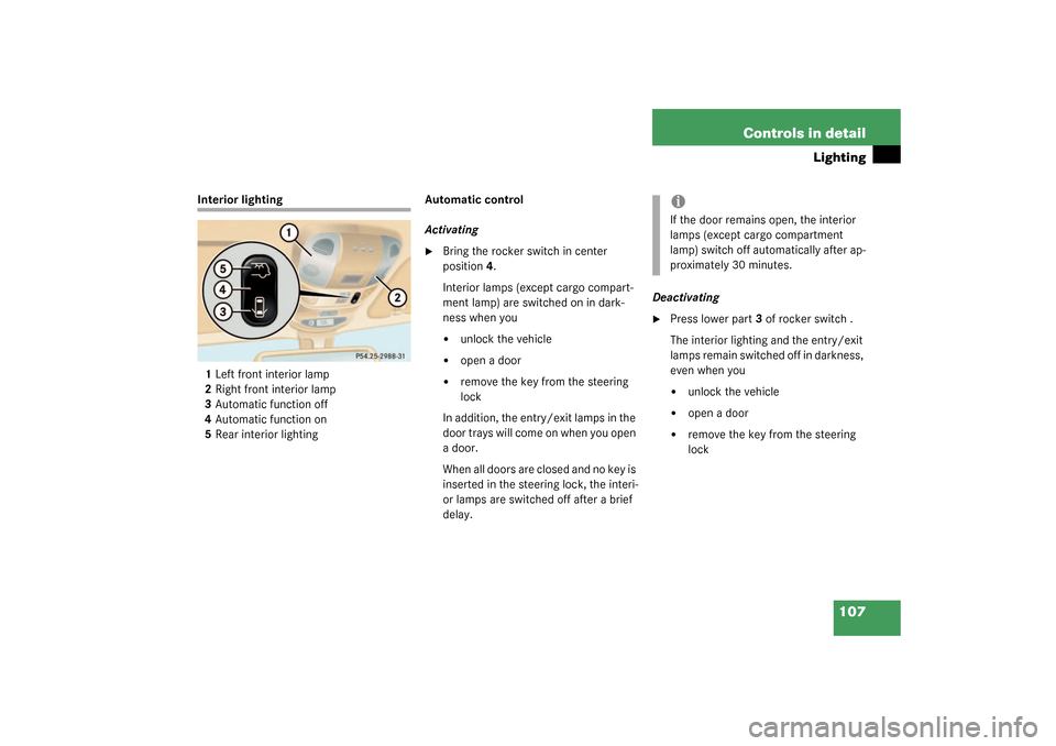 MERCEDES-BENZ ML350 2003 W163 Service Manual 107 Controls in detail
Lighting
Interior lighting
1Left front interior lamp
2Right front interior lamp
3Automatic function off
4Automatic function on
5Rear interior lightingAutomatic control 
Activati