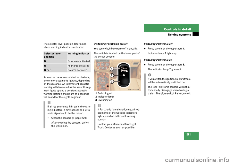MERCEDES-BENZ ML350 2003 W163 Owners Manual 151 Controls in detail
Driving systems
The selector lever position determines 
which warning indicator is activated.
As soon as the sensors detect an obstacle, 
one or more segments light up, dependin