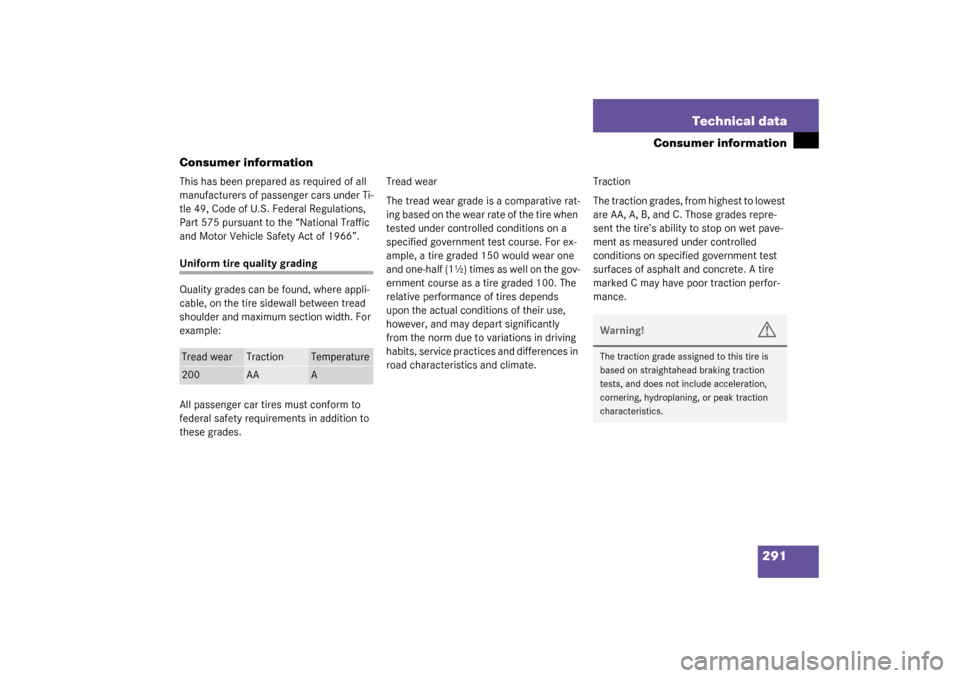 MERCEDES-BENZ ML500 2003 W163 Owners Manual 291 Technical data
Consumer information
Consumer information
This has been prepared as required of all 
manufacturers of passenger cars under Ti-
tle 49, Code of U.S. Federal Regulations, 
Part 575 pu