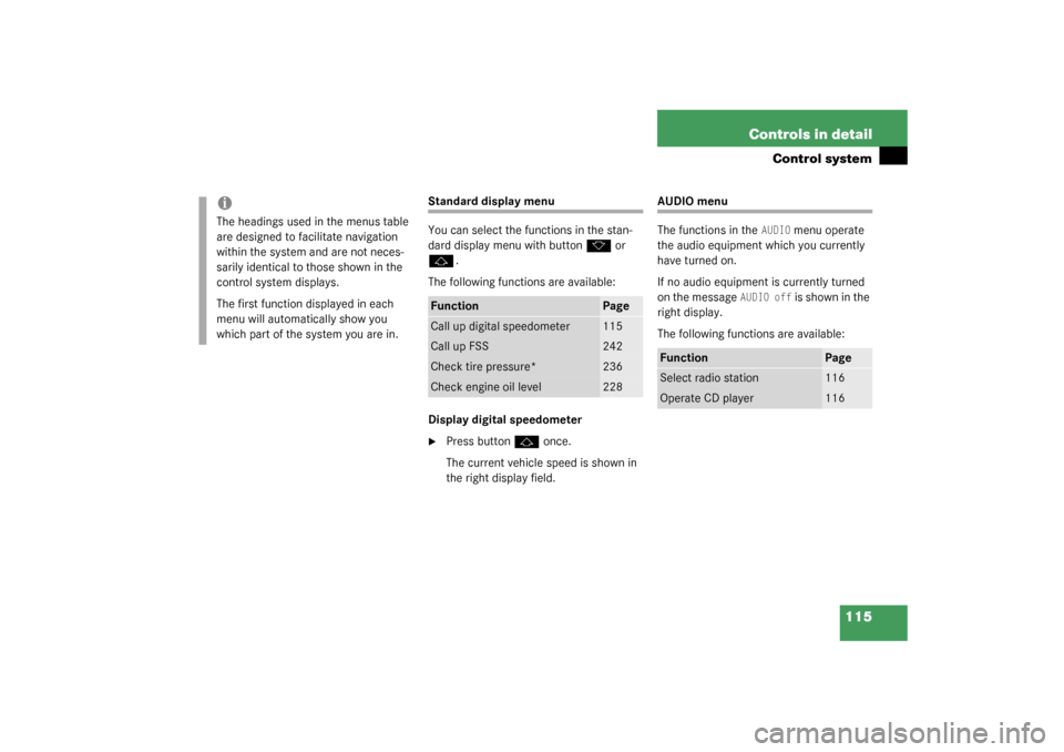 MERCEDES-BENZ SL500 2003 R230 Owners Manual 115 Controls in detail
Control system
Standard display menu
You can select the functions in the stan-
dard display menu with button 
k
 or 
j
.
The following functions are available:
Display digital s