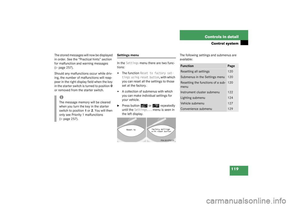 MERCEDES-BENZ SL55AMG 2003 R230 Owners Manual 119 Controls in detail
Control system
The stored messages will now be displayed 
in order. See the “Practical hints” section 
for malfunction and warning messages 
(page 257).
Should any malfunct