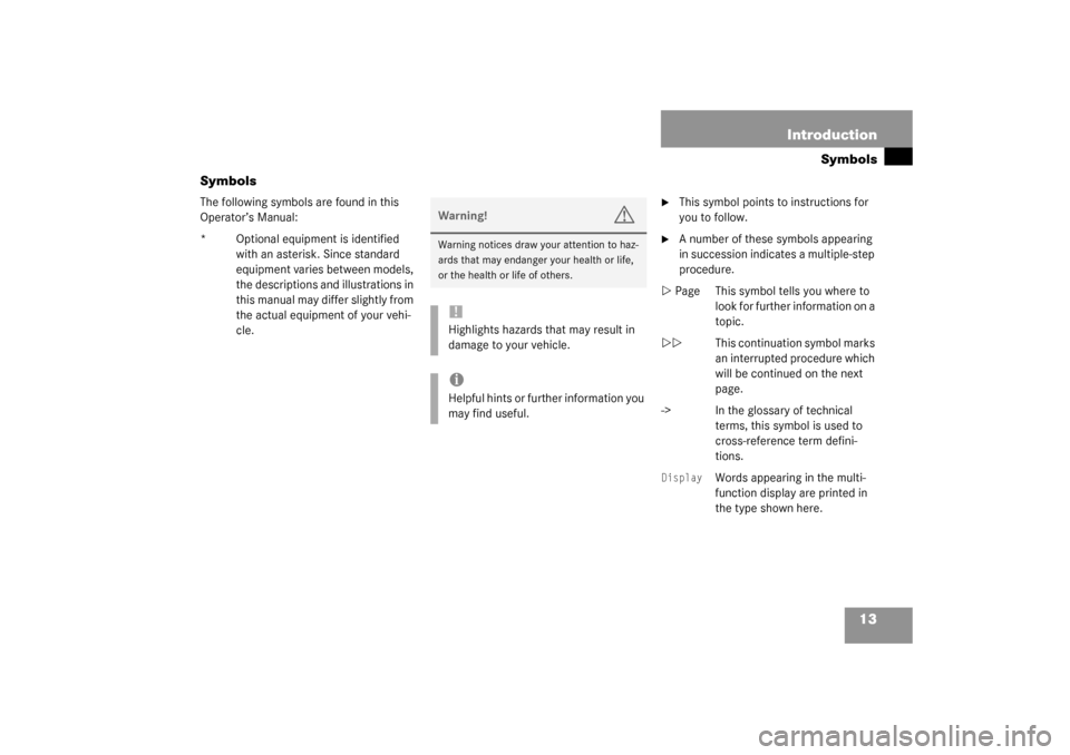 MERCEDES-BENZ SL55AMG 2003 R230 User Guide 13 Introduction
Symbols
Symbols
The following symbols are found in this 
Operator’s Manual:
* Optional equipment is identified 
with an asterisk. Since standard 
equipment varies between models, 
th