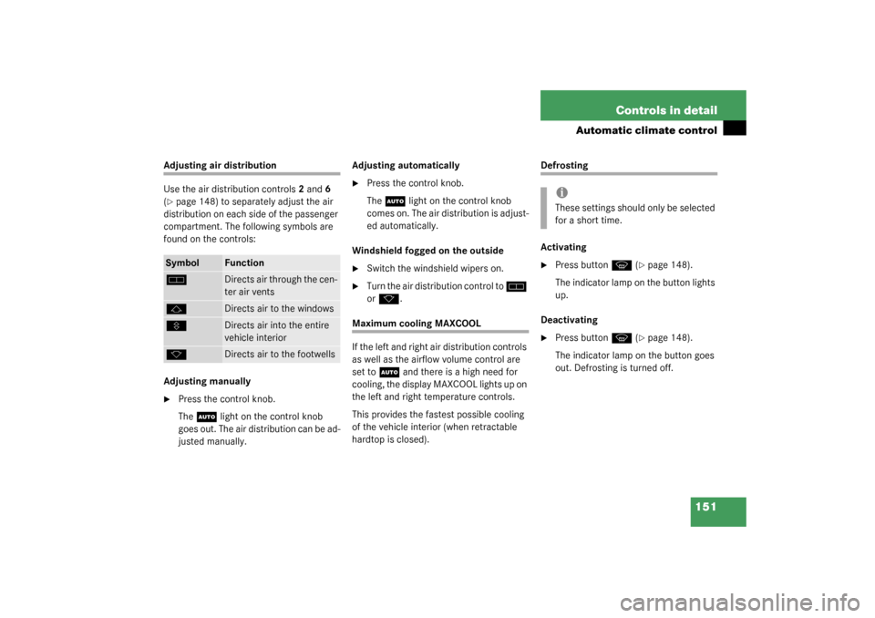 MERCEDES-BENZ SL55AMG 2003 R230 Owners Manual 151 Controls in detail
Automatic climate control
Adjusting air distribution
Use the air distribution controls2 and6 
(page 148) to separately adjust the air 
distribution on each side of the passenge