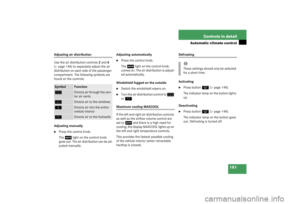 MERCEDES-BENZ SL500 2003 R230 Owners Manual 151 Controls in detail
Automatic climate control
Adjusting air distribution
Use the air distribution controls2 and6 
(page 148) to separately adjust the air 
distribution on each side of the passenge