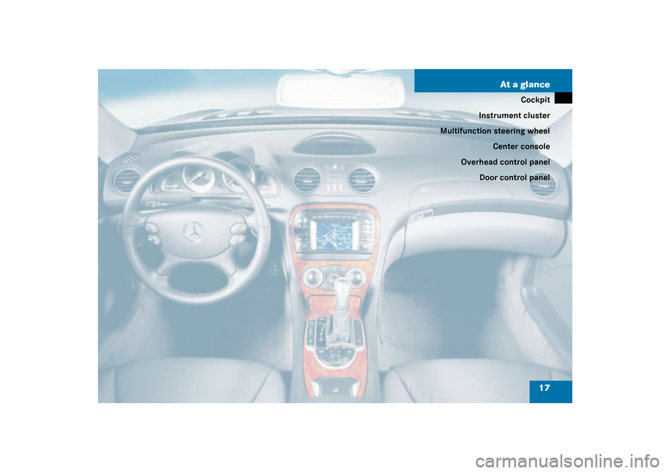 MERCEDES-BENZ SL500 2003 R230 User Guide 17 At a glance
Cockpit
Instrument cluster
Multifunction steering wheel
Center console
Overhead control panel
Door control panel 