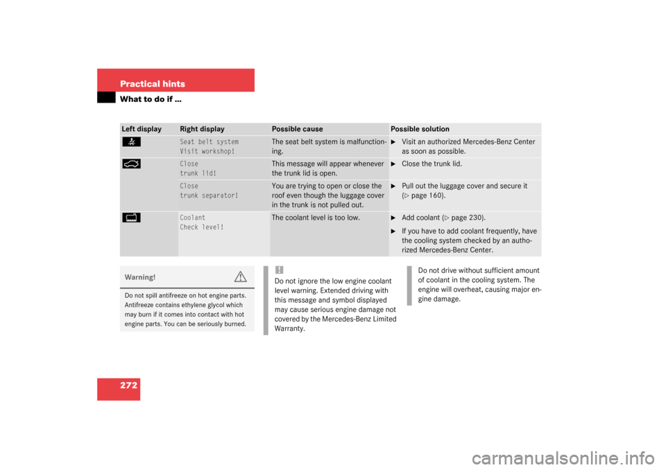 MERCEDES-BENZ SL500 2003 R230 Owners Manual 272 Practical hintsWhat to do if …Left display
Right display
Possible cause
Possible solution
< 
Seat belt system
Visit workshop!
The seat belt system is malfunction-
ing.

Visit an authorized Merc