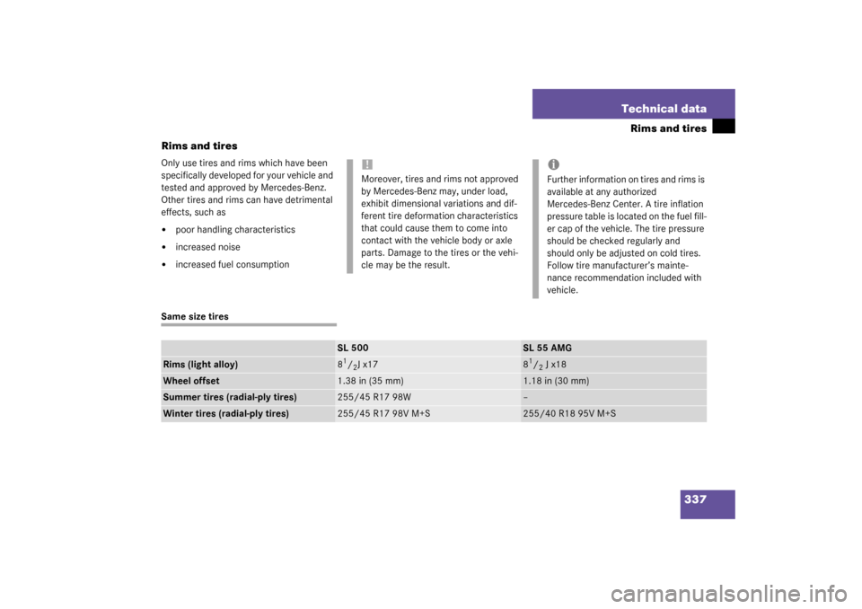 MERCEDES-BENZ SL500 2003 R230 Owners Manual 337 Technical data
Rims and tires
Rims and tires
Only use tires and rims which have been 
specifically developed for your vehicle and 
tested and approved by Mercedes-Benz. 
Other tires and rims can h