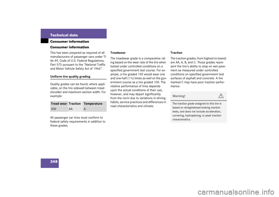 MERCEDES-BENZ SL500 2003 R230 Owners Manual 348 Technical dataConsumer information
Consumer informationThis has been prepared as required of all 
manufacturers of passenger cars under Ti-
tle 49, Code of U.S. Federal Regulations, 
Part 575 purs
